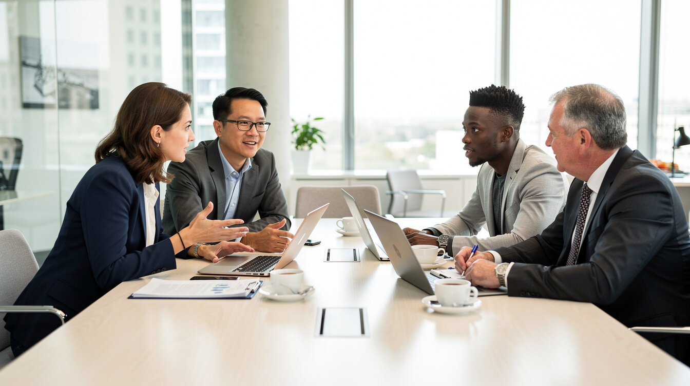 Diverse business team discussing strategy around a table