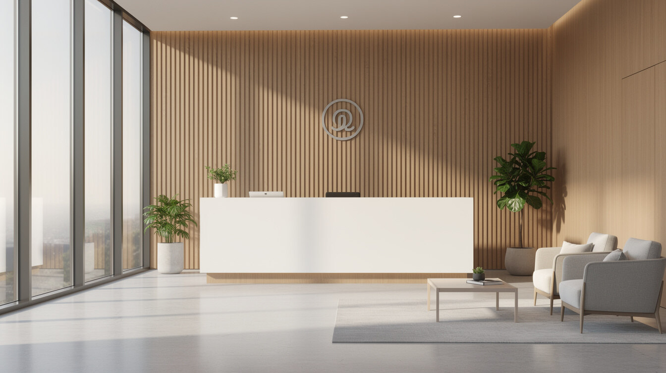 Modern office reception area with warm lighting