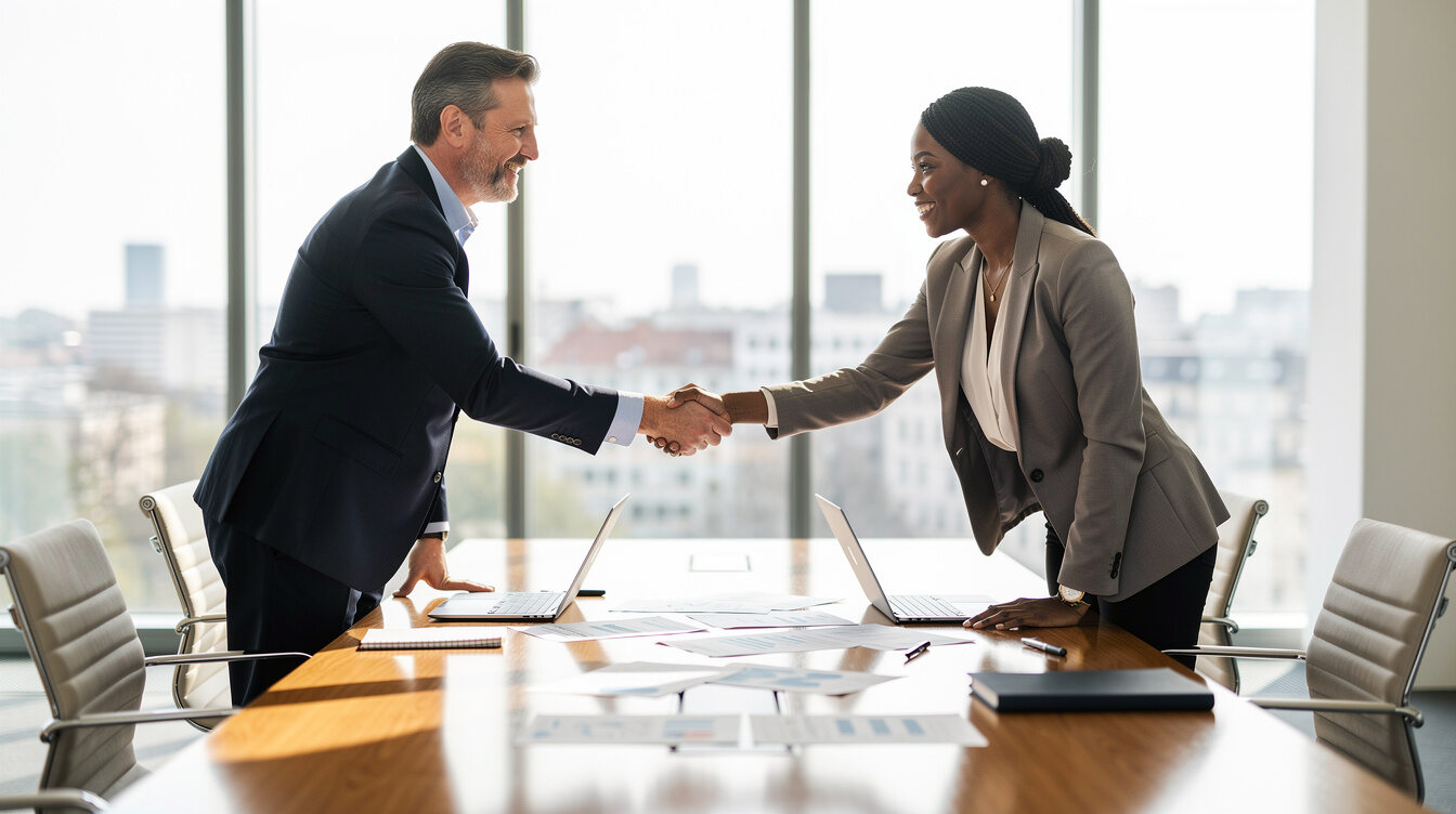 Business people shaking hands after successful negotiation in modern office