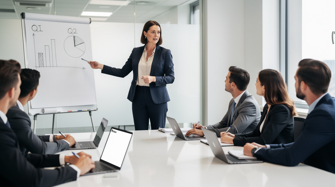 Business trainer leading a negotiation workshop in a conference room